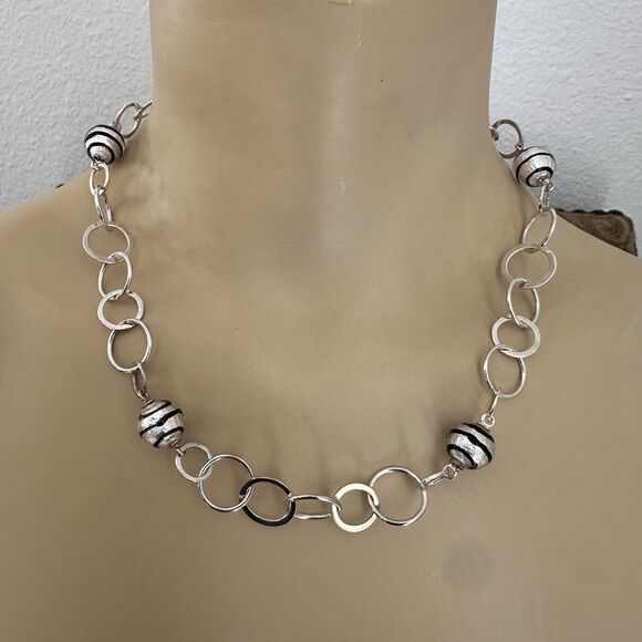 VTG Necklace 18" Chain Link‎ Ball Glass Foil Beads 925 Sterling Silver 30.4g - Picture 1 of 7